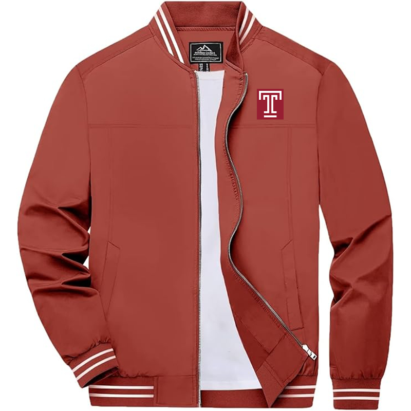 Men's  Temple Owls Zip-Up Bomber Jacket Ribbed Collar and Cuffs Outerwear