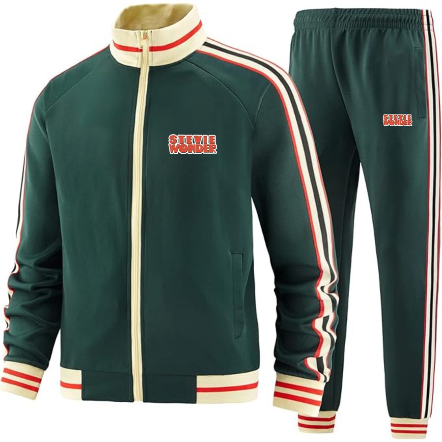 Men's Stevie-Wonder Tracksuit with Bold Striped Accents and Zippered Front