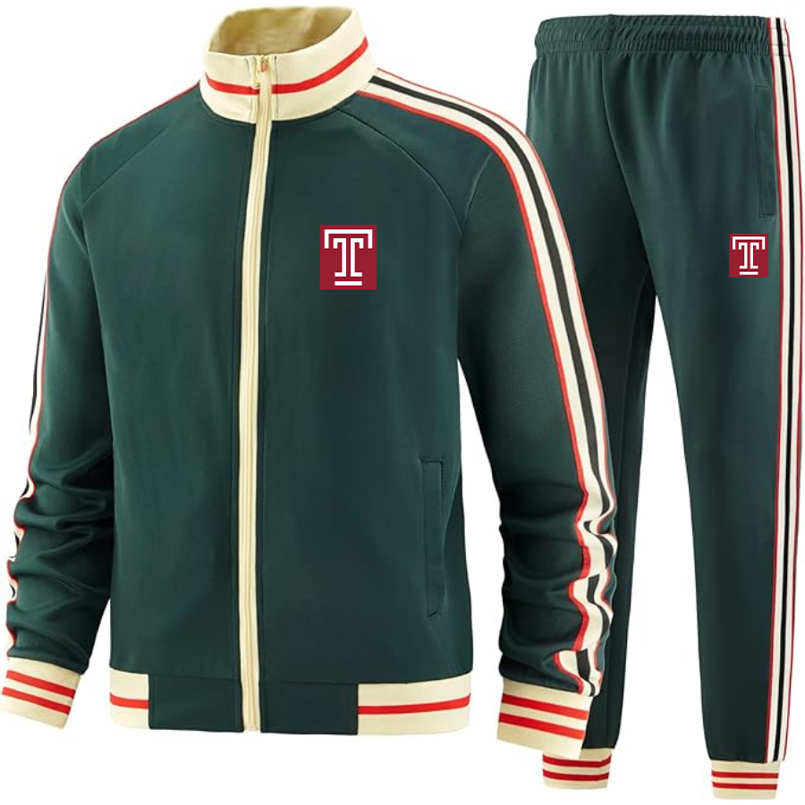 Men's Temple Owls  Tracksuit with Bold Striped Accents and Zippered Front