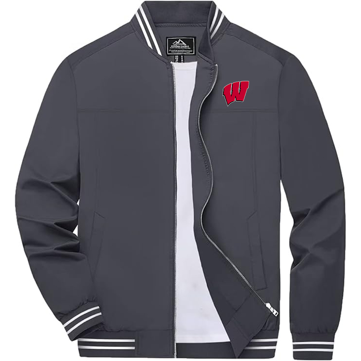 Men's Wisconsin Badgers Zip-Up Bomber Jacket Ribbed Collar and Cuffs Outerwear