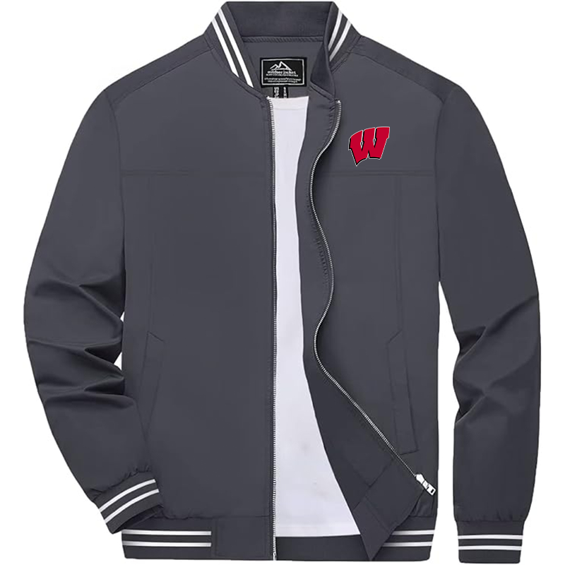Men's Wisconsin Badgers Zip-Up Bomber Jacket Ribbed Collar and Cuffs Outerwear