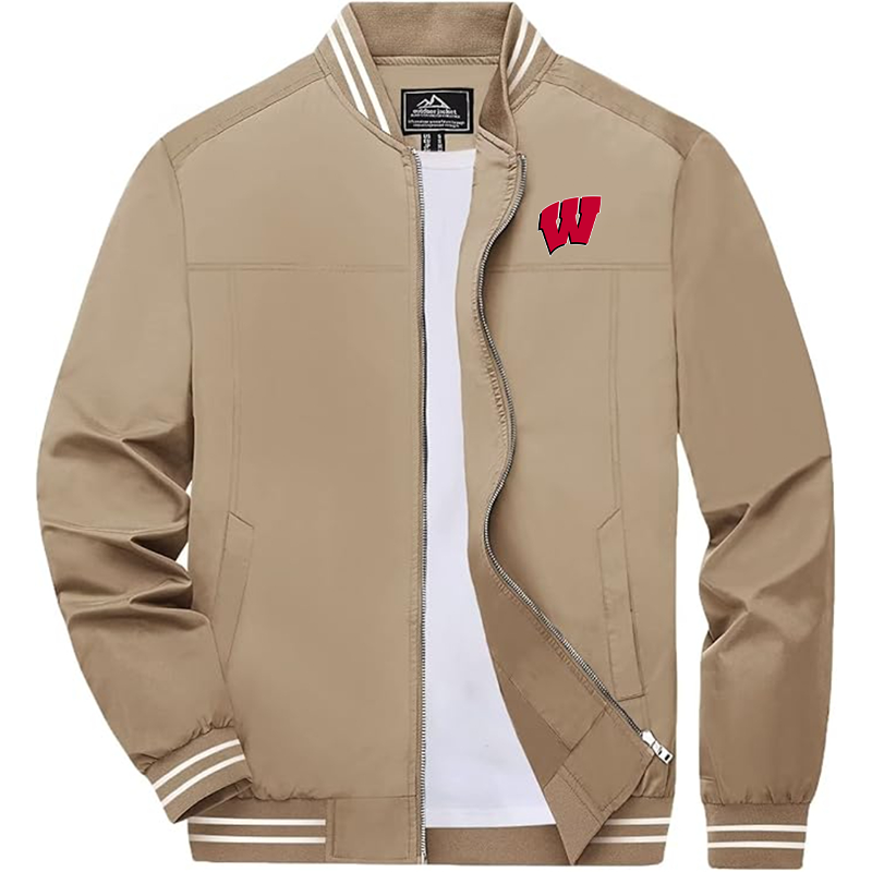 Men's Wisconsin Badgers Zip-Up Bomber Jacket Ribbed Collar and Cuffs Outerwear