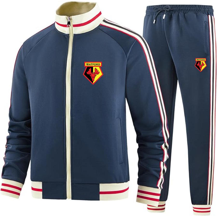 Men's Watford Soccer  Tracksuit with Bold Striped Accents and Zippered Front