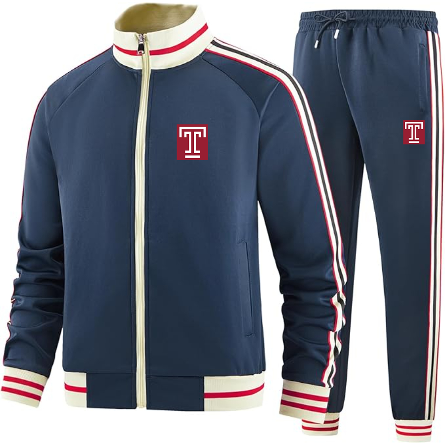 Men's Temple Owls  Tracksuit with Bold Striped Accents and Zippered Front