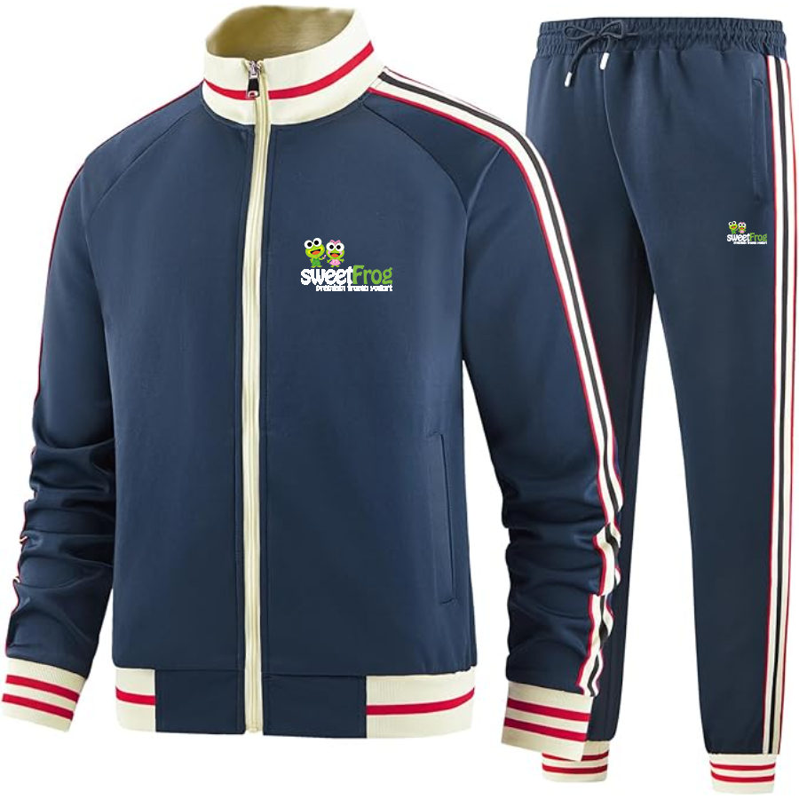 Men's Sweet Frog Frozen Tracksuit with Bold Striped Accents and Zippered Front