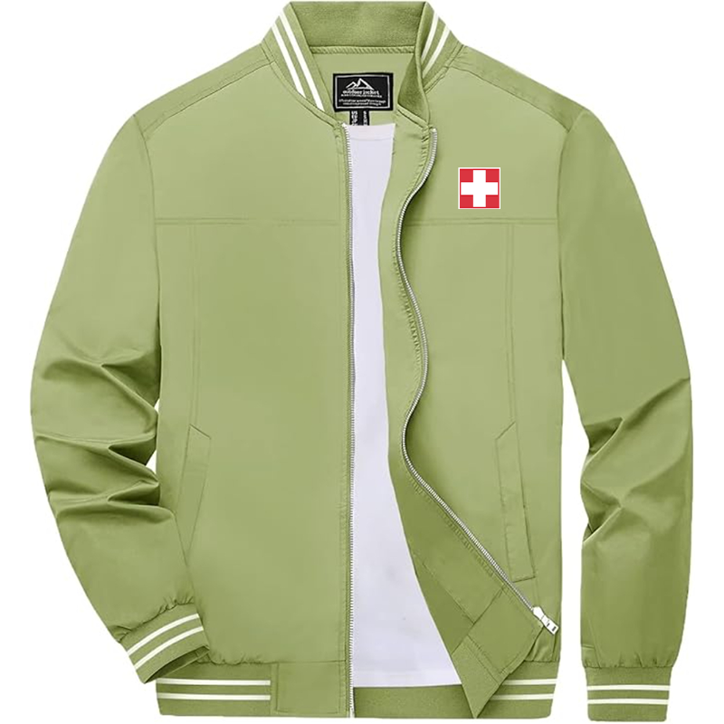 Men'sSwitzerland National Football Soccer Team Lightweight Zip-Up Bomber Jacket  Ribbed Collar and Cuffs Outerwear