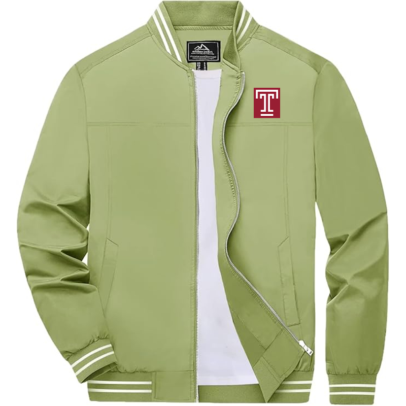Men's  Temple Owls Zip-Up Bomber Jacket Ribbed Collar and Cuffs Outerwear