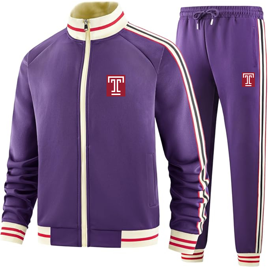 Men's Temple Owls  Tracksuit with Bold Striped Accents and Zippered Front
