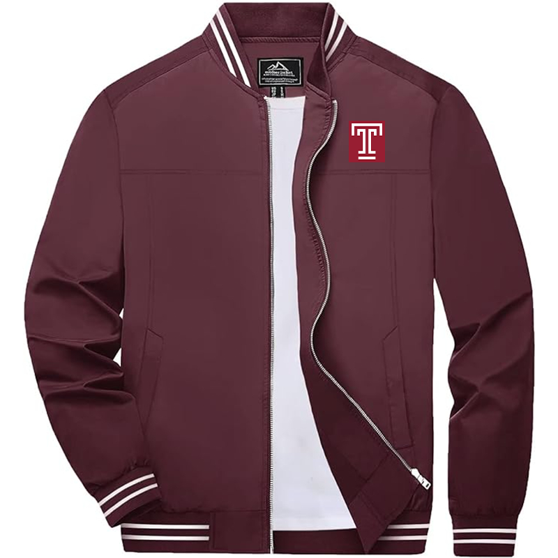 Men's  Temple Owls Zip-Up Bomber Jacket Ribbed Collar and Cuffs Outerwear