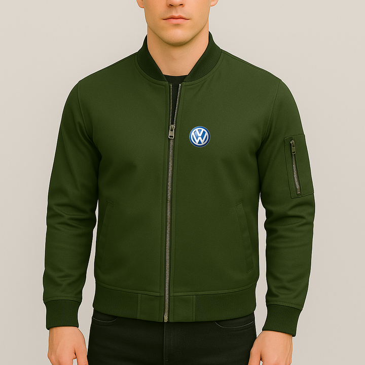 Men’s VW Volkswagen Car Lightweight Zip-Up Bomber Jacket with Ribbed Collar and Cuffs - Versatile Casual Outerwear