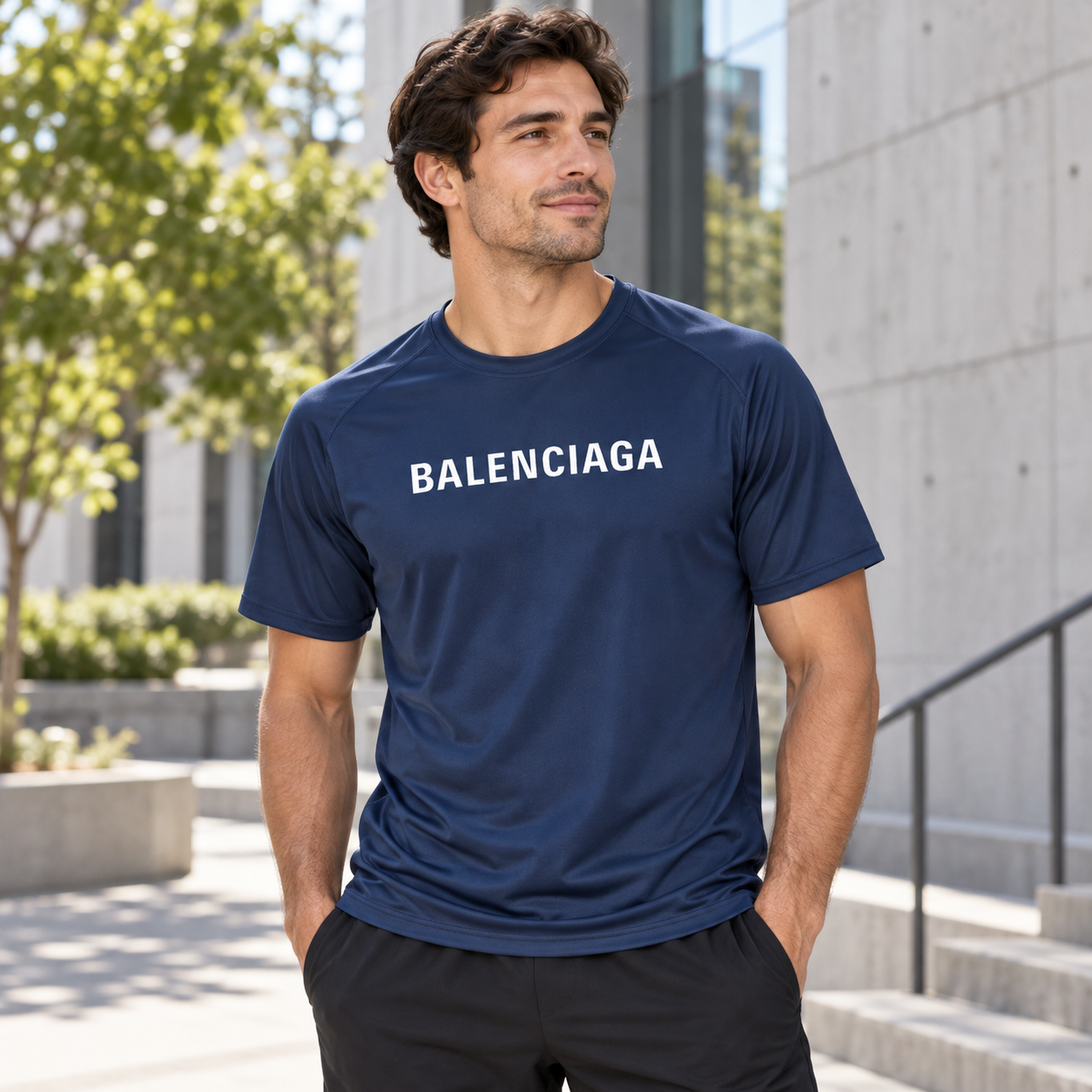 Men's Balenciaga Performance T-Shirt navy lifestyle view