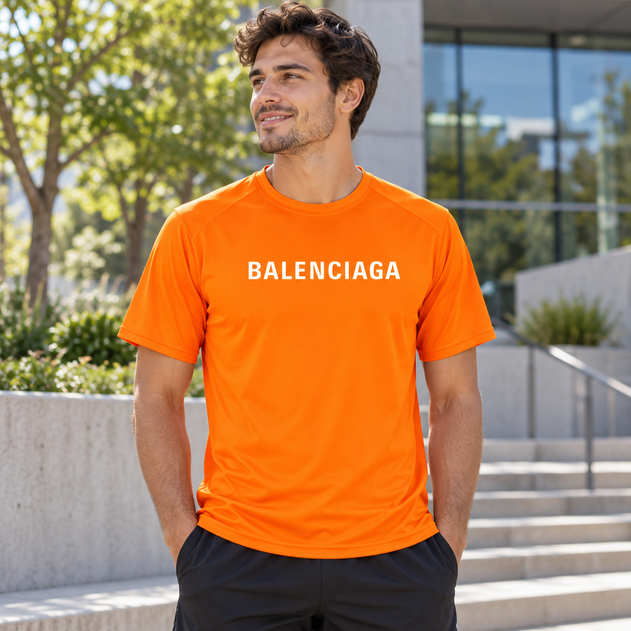 Men's Balenciaga Performance T-Shirt orange lifestyle view