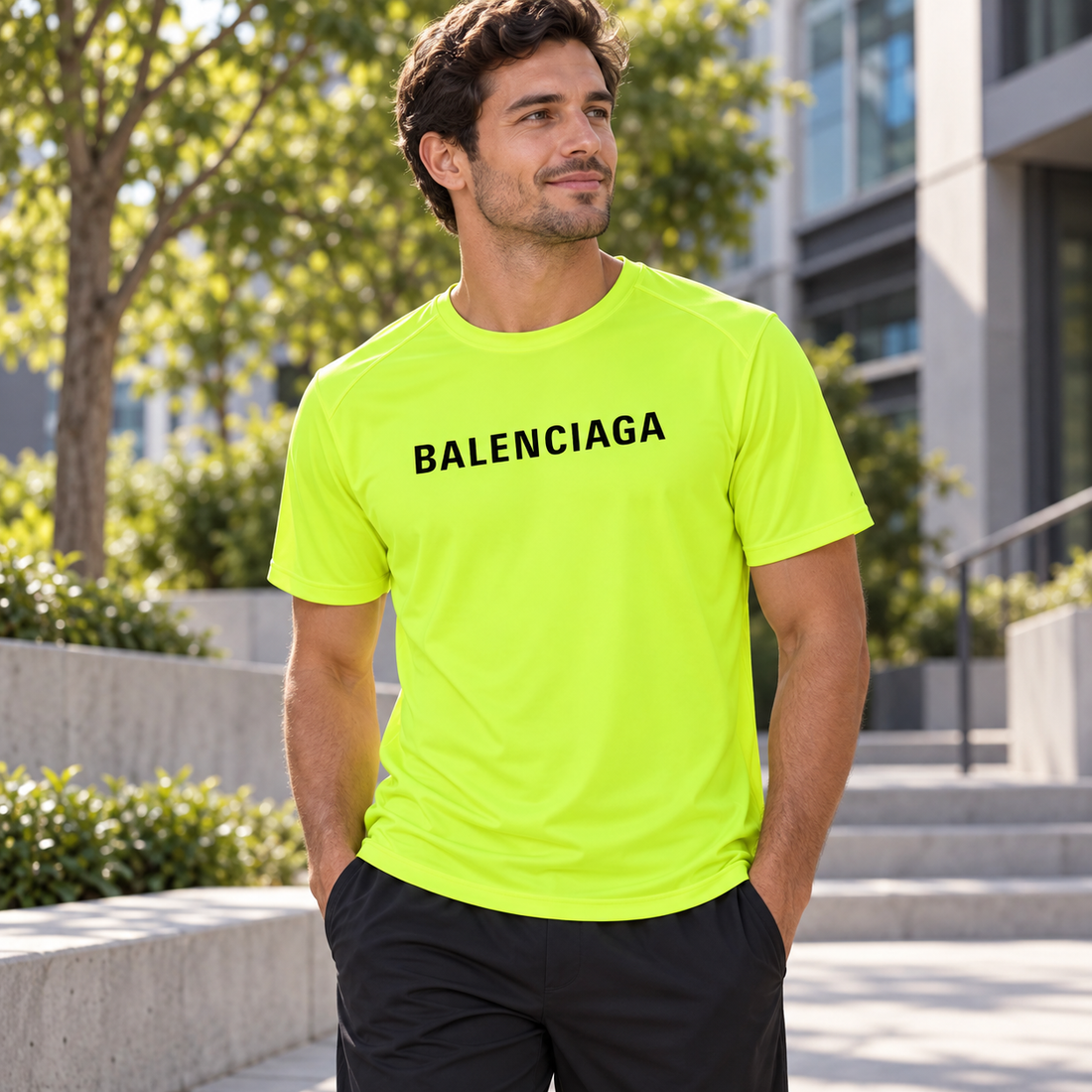 Men's Balenciaga Performance T-Shirt safety green lifestyle view