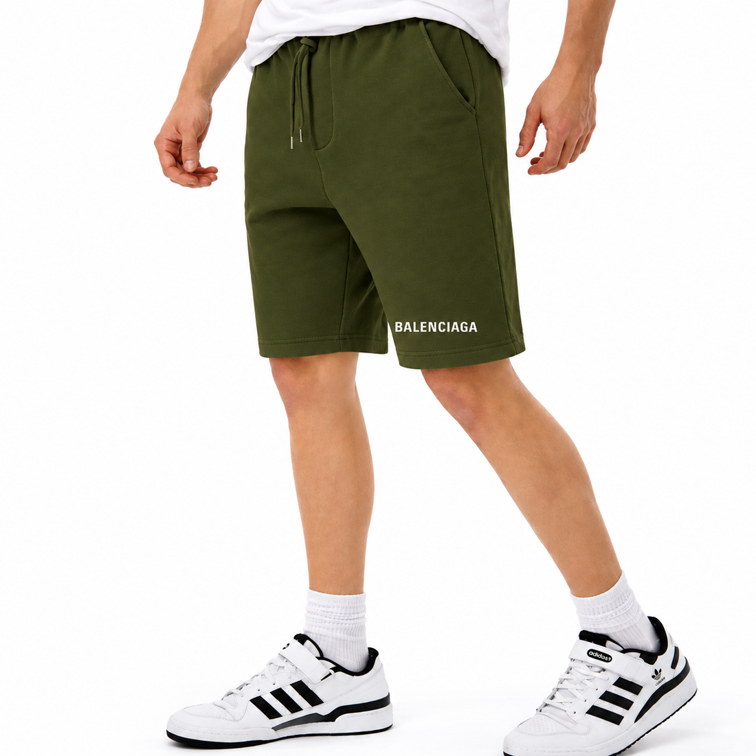 Men's Balenciaga athletic fleece shorts in Army Green, main front view