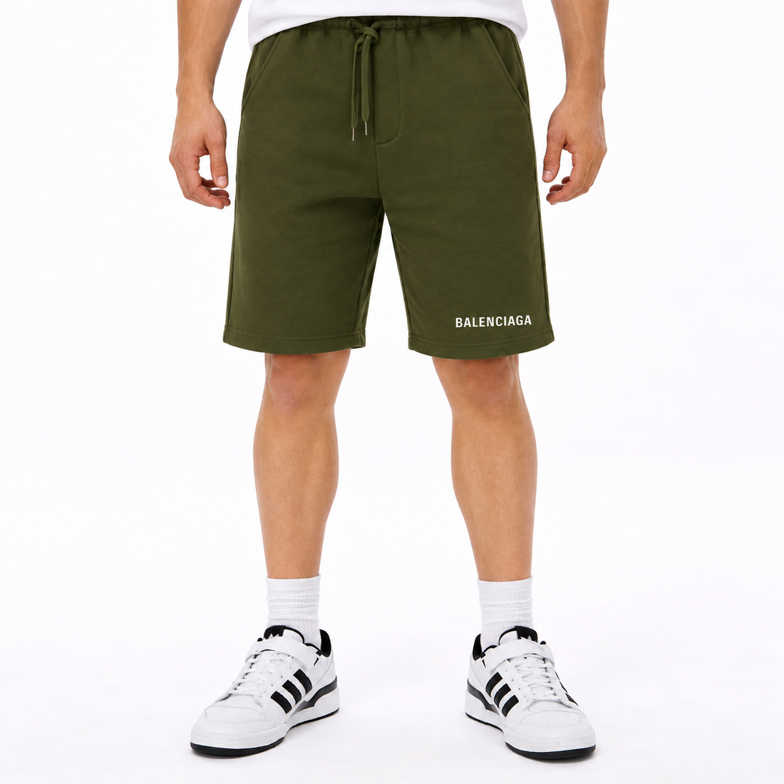 Men's Balenciaga athletic fleece shorts in Army Green, front view