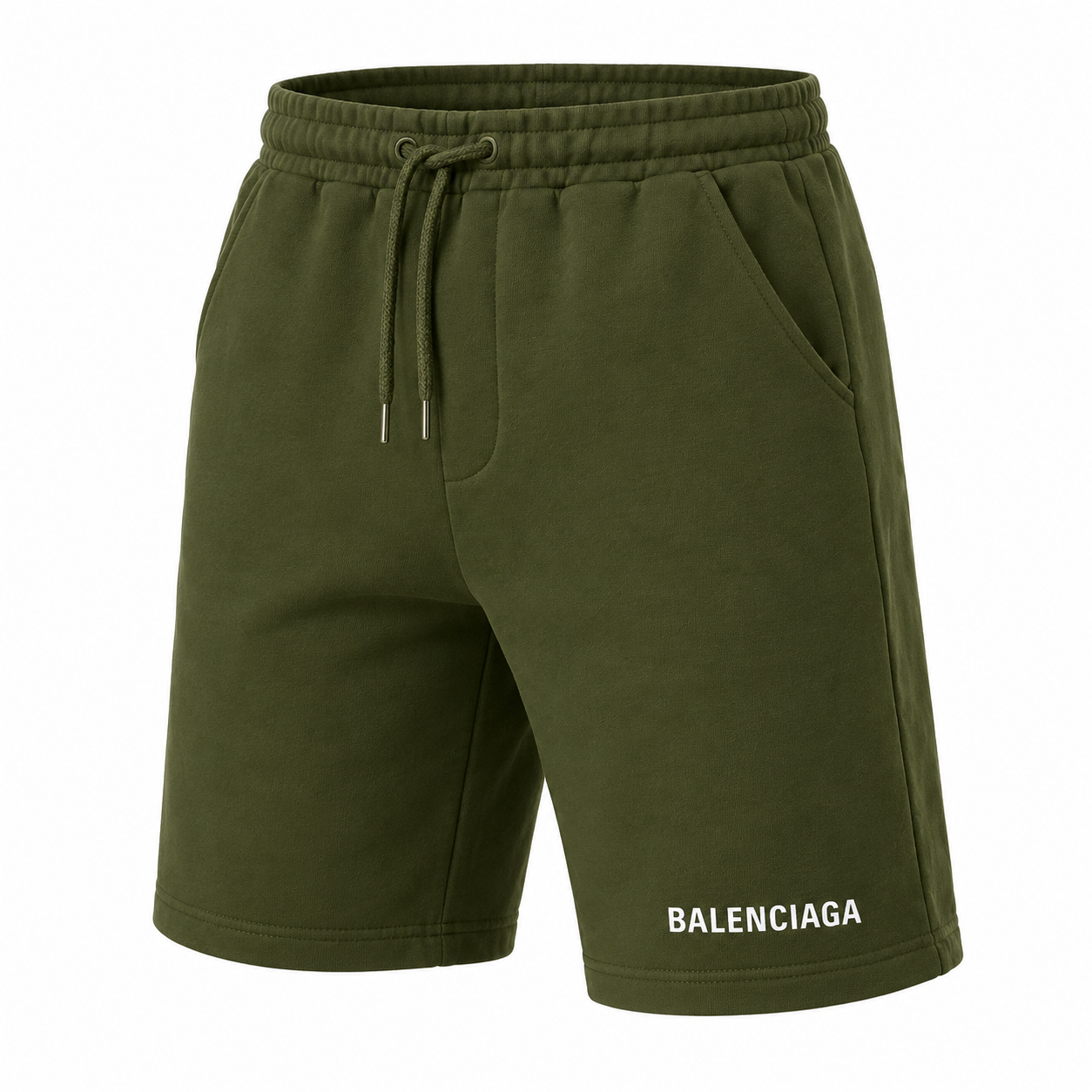 Men's Balenciaga athletic fleece shorts in Army Green, rear view