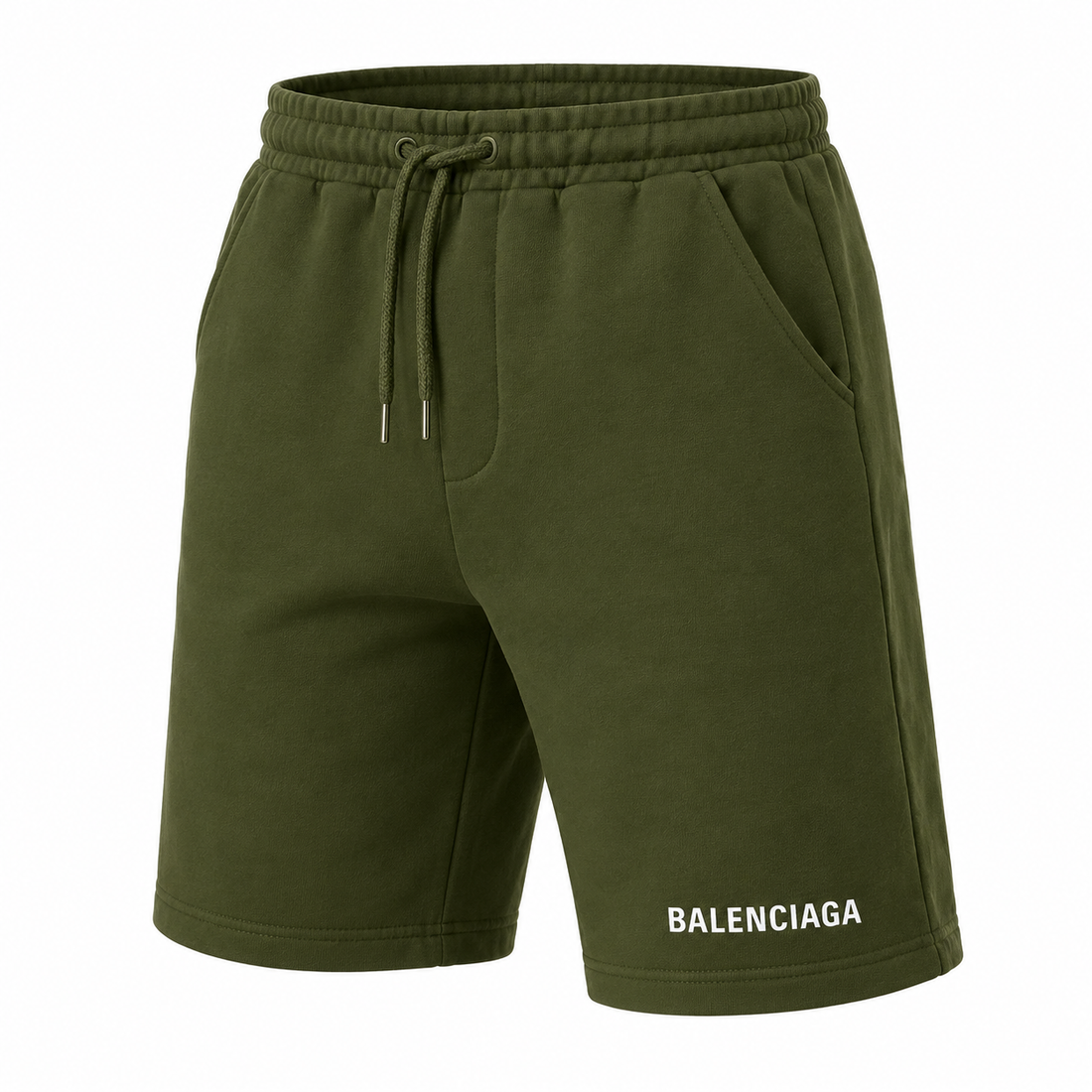 Men's Balenciaga athletic fleece shorts in Army Green, rear view