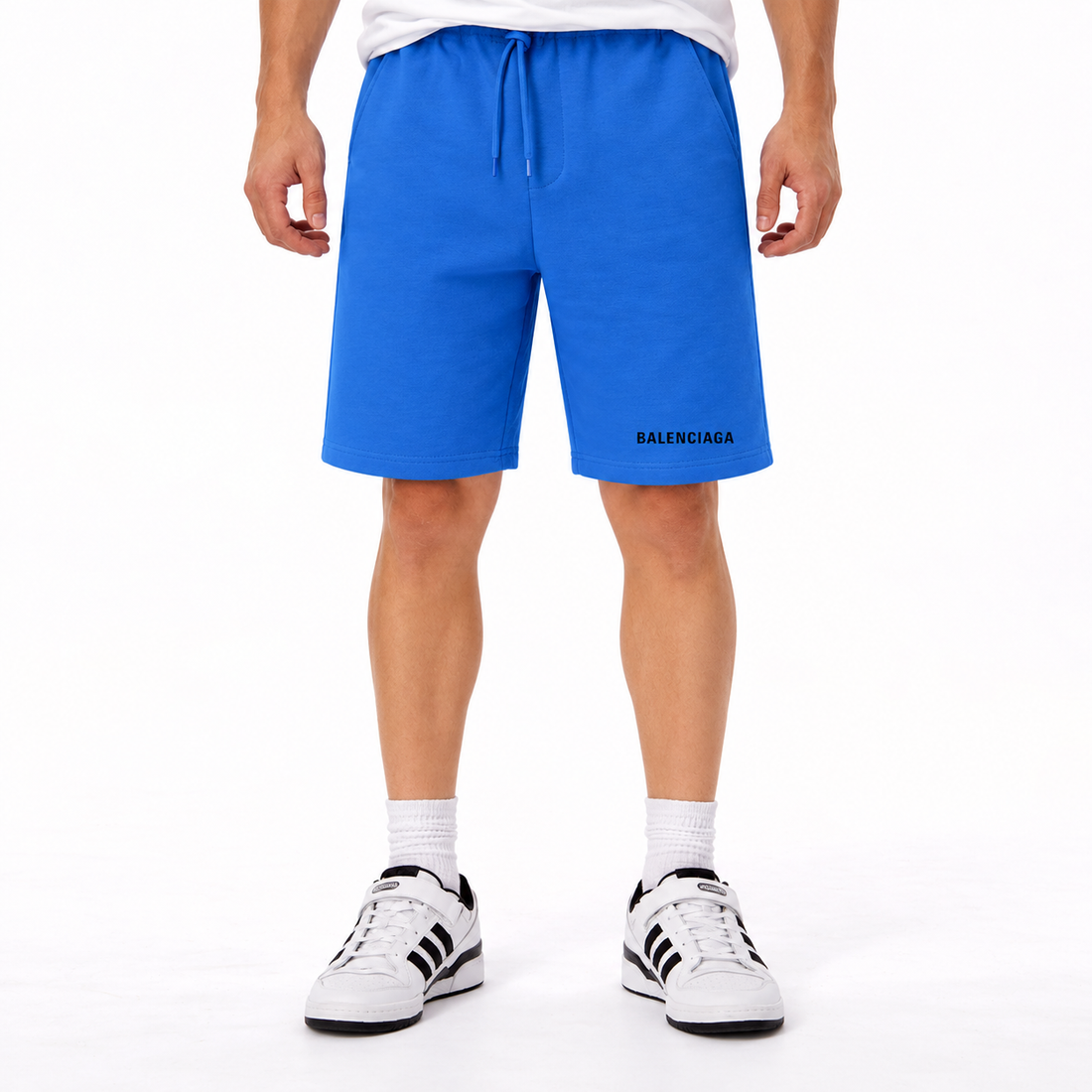 Men's Balenciaga athletic fleece shorts in Azure, front view