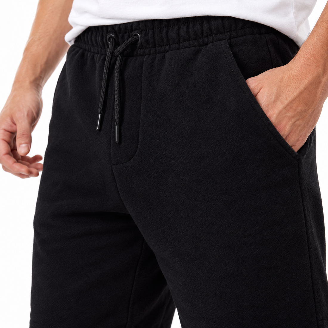 Men's Balenciaga athletic fleece shorts in Black, waistband detail