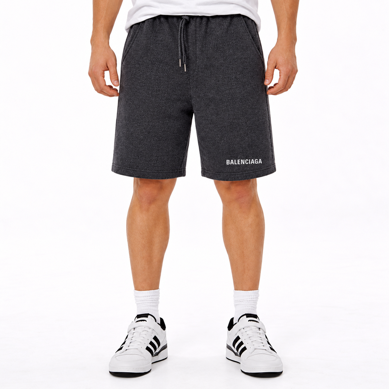 Men's Balenciaga athletic fleece shorts in Dark Heather, front view