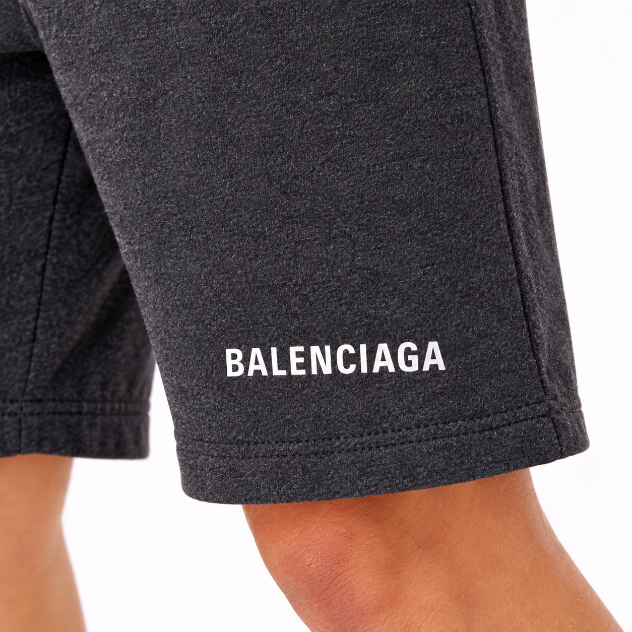 Men's Balenciaga athletic fleece shorts in Dark Heather, logo detail