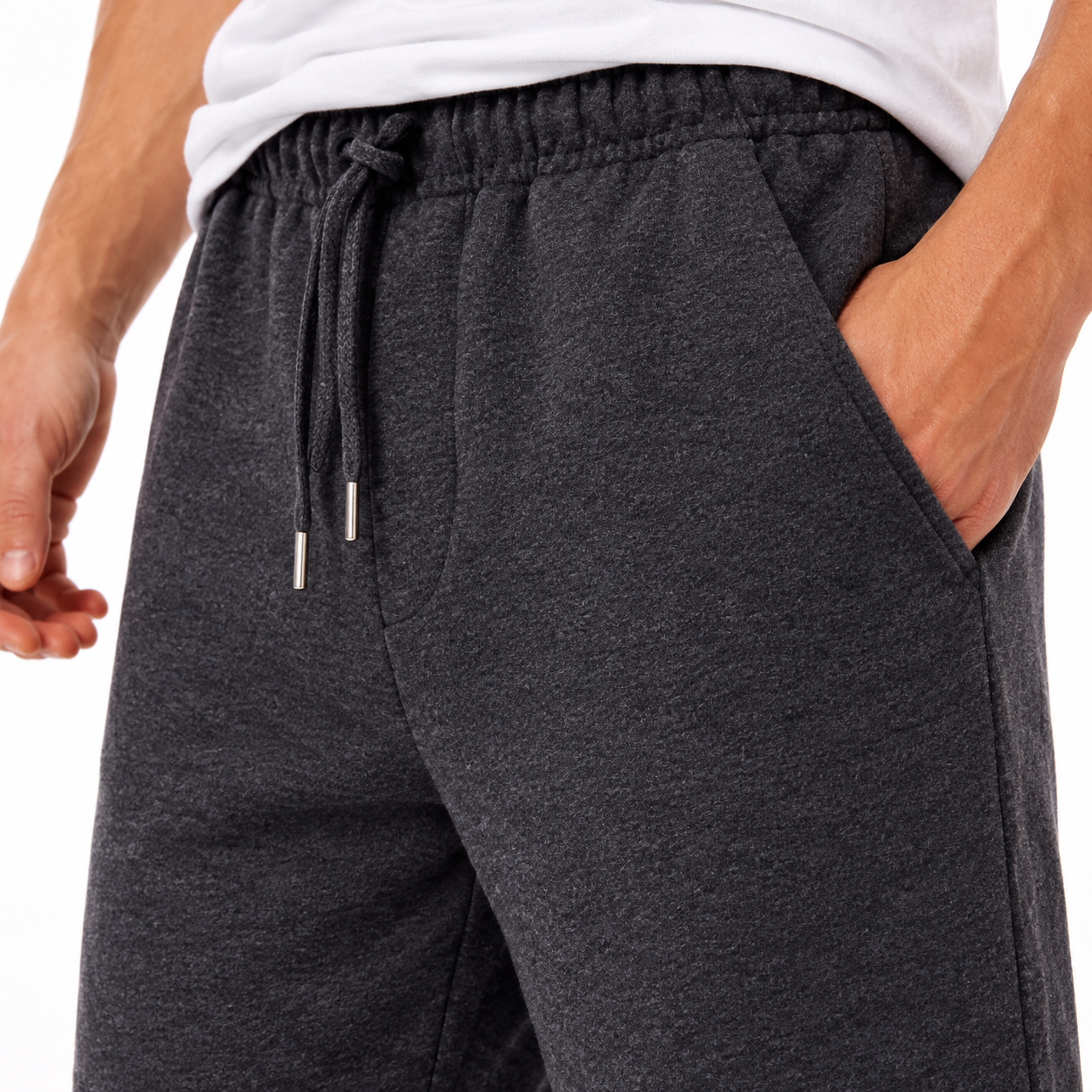 Men's Balenciaga athletic fleece shorts in Dark Heather, waistband detail
