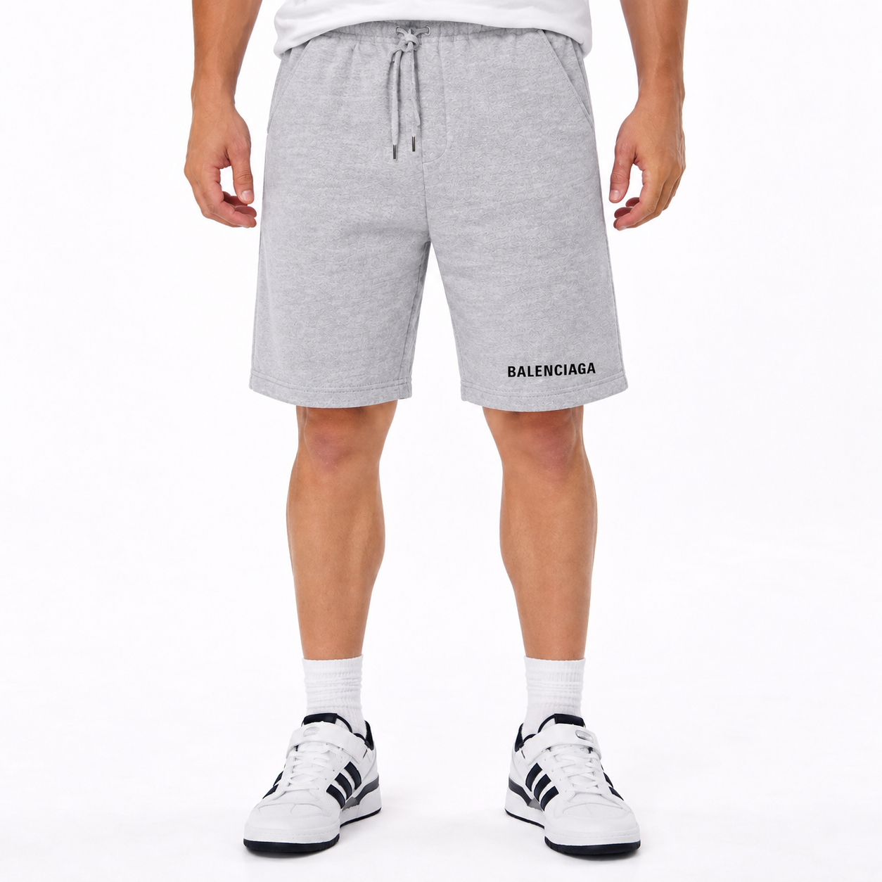 Men's Balenciaga athletic fleece shorts in Grey, front view