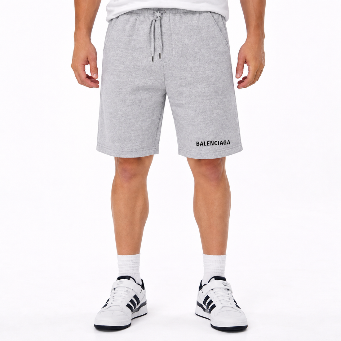 Men's Balenciaga athletic fleece shorts in Grey, front view