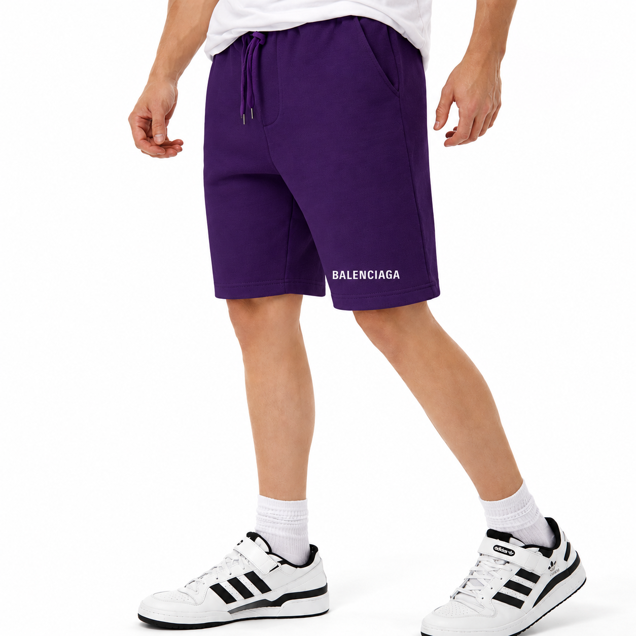 Men's Balenciaga athletic fleece shorts in Purple, main front view