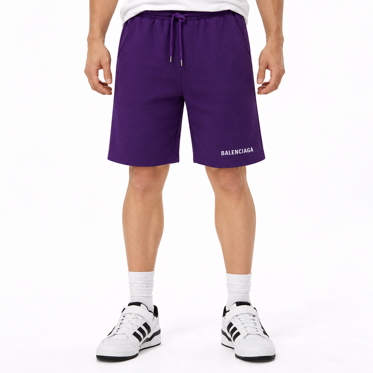Men's Balenciaga athletic fleece shorts in Purple, front view