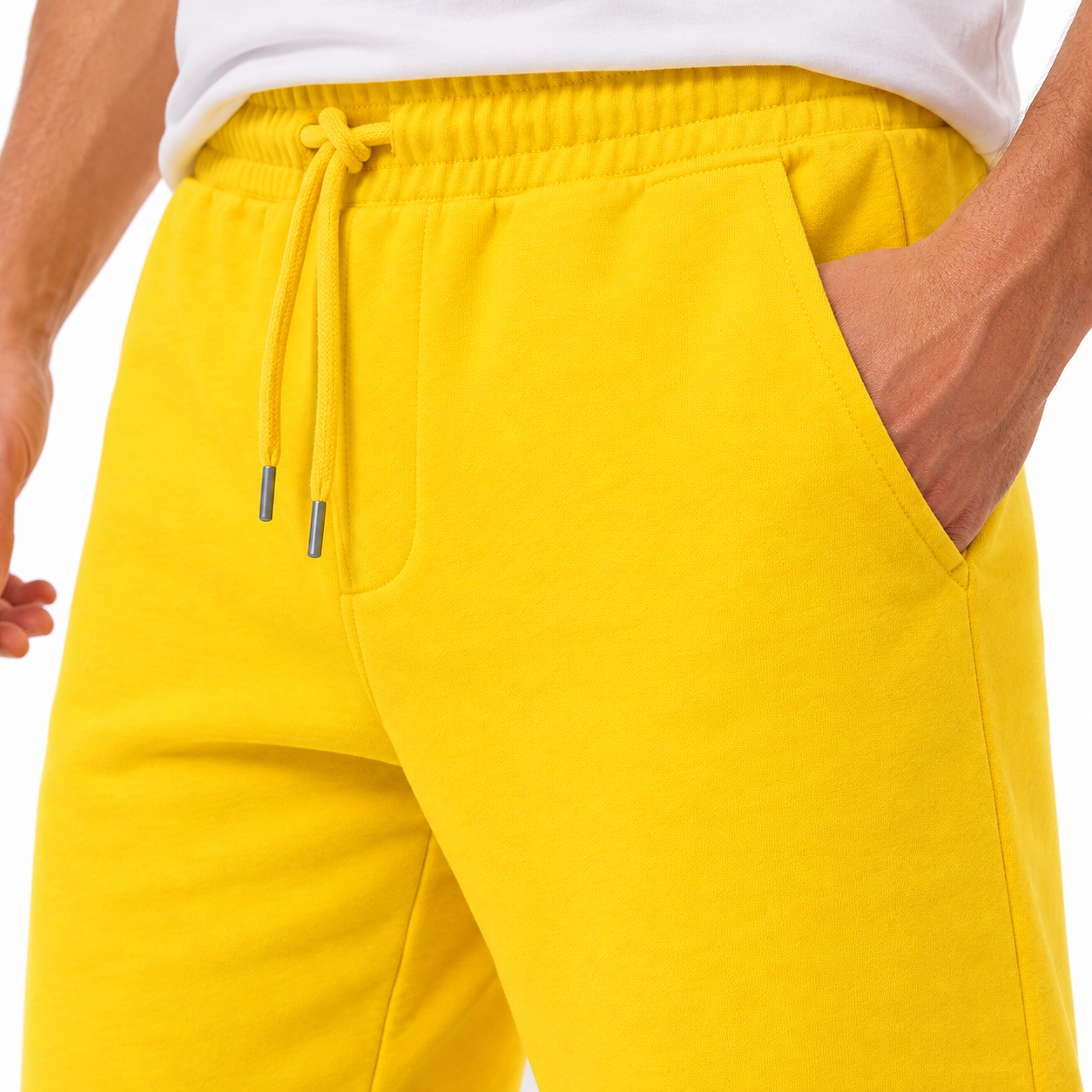 Men's Balenciaga athletic fleece shorts in Yellow, waistband detail