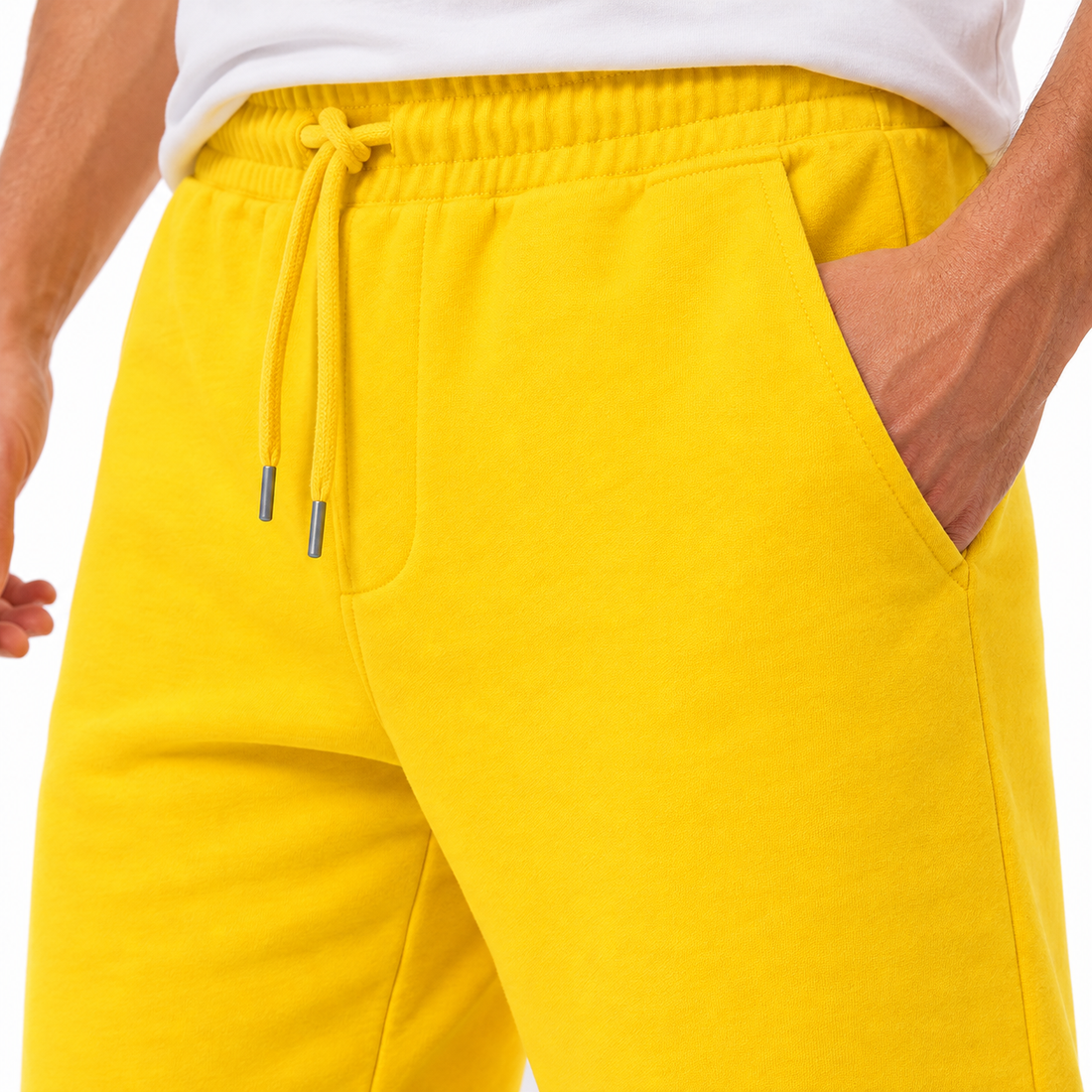 Men's Balenciaga athletic fleece shorts in Yellow, waistband detail