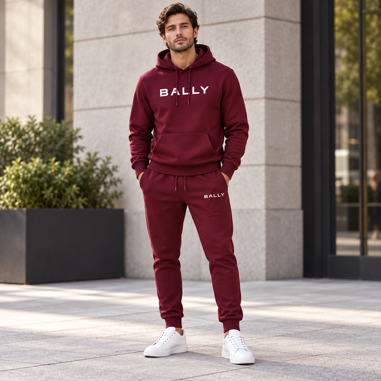 Men's Bally Hoodie Joggers Set - Burgundy - lifestyle