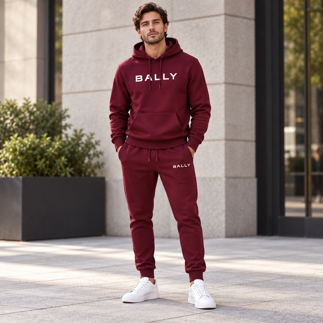 Men's Bally Hoodie Joggers Set - Burgundy - lifestyle