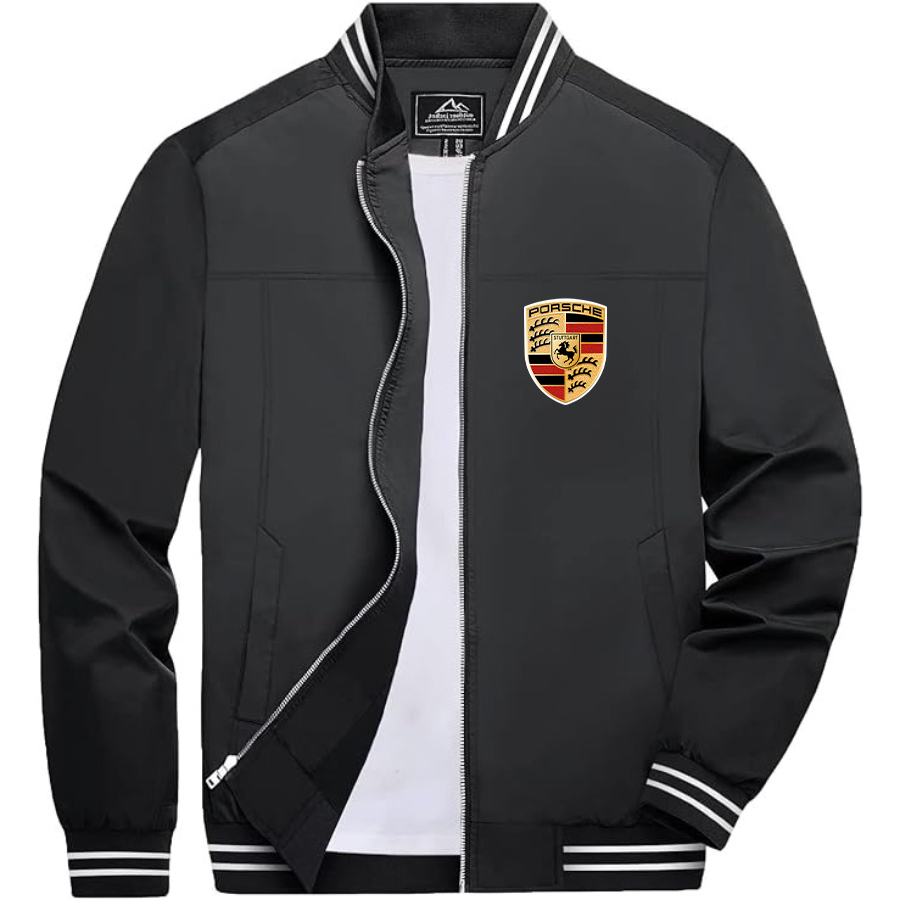 Men’s Porsche Car Lightweight Zip-Up Bomber Jacket with Ribbed Collar and Cuffs - Versatile Casual Outerwear