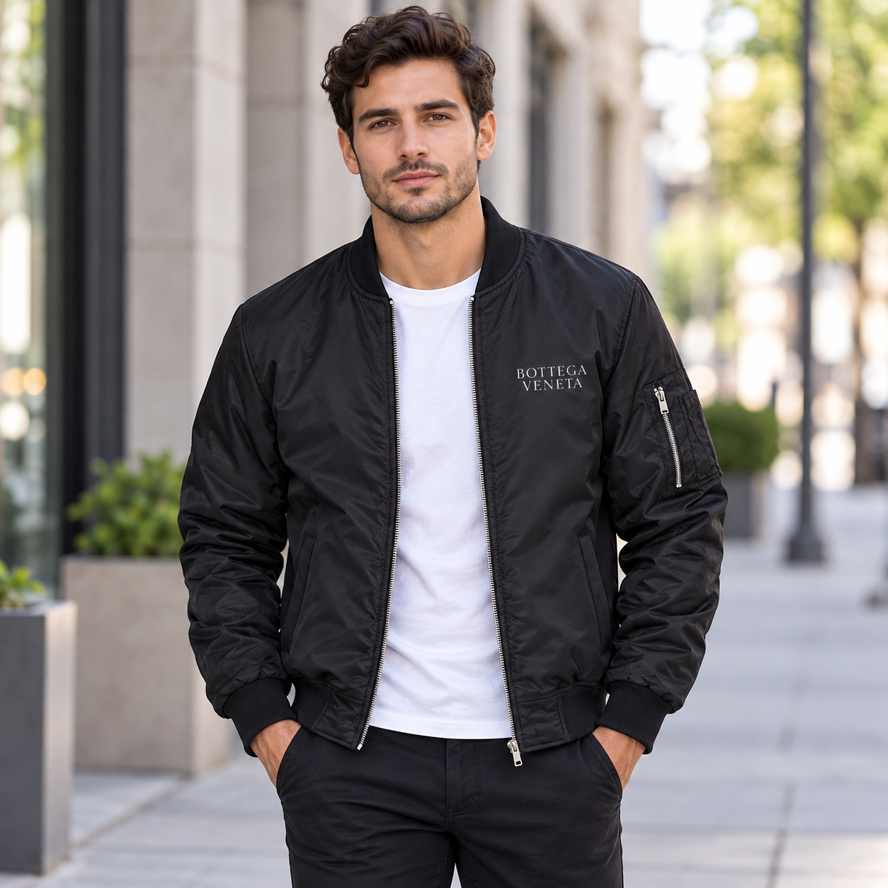 Men's Bottega Veneta Lightweight Bomber Jacket Windbreaker Softshell Varsity Jacket Coat | Color: Black | Image 1