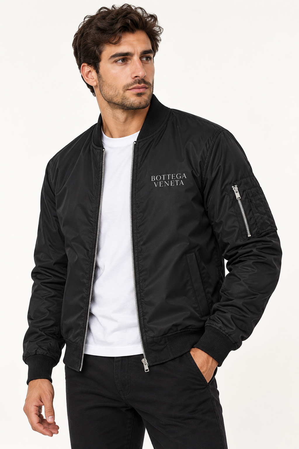 Men's Bottega Veneta Lightweight Bomber Jacket Windbreaker Softshell Varsity Jacket Coat | Color: Black | Image 2