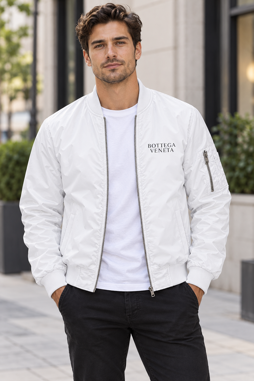 Men's Bottega Veneta Lightweight Bomber Jacket Windbreaker Softshell Varsity Jacket Coat | Color: White | Image 1
