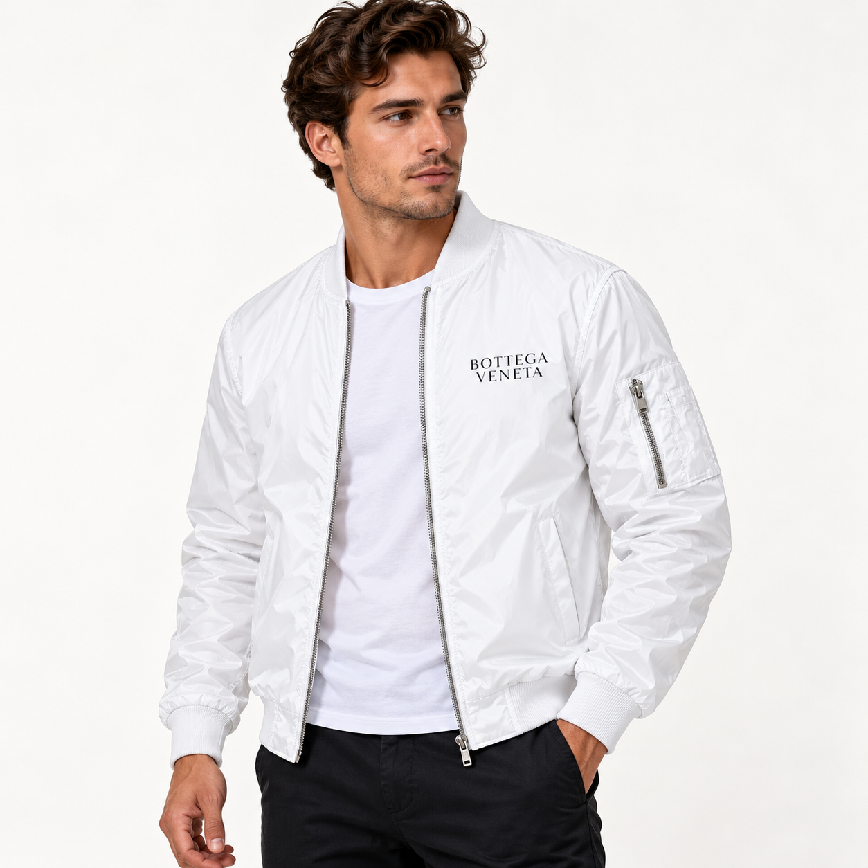 Men's Bottega Veneta Lightweight Bomber Jacket Windbreaker Softshell Varsity Jacket Coat | Color: White | Image 2