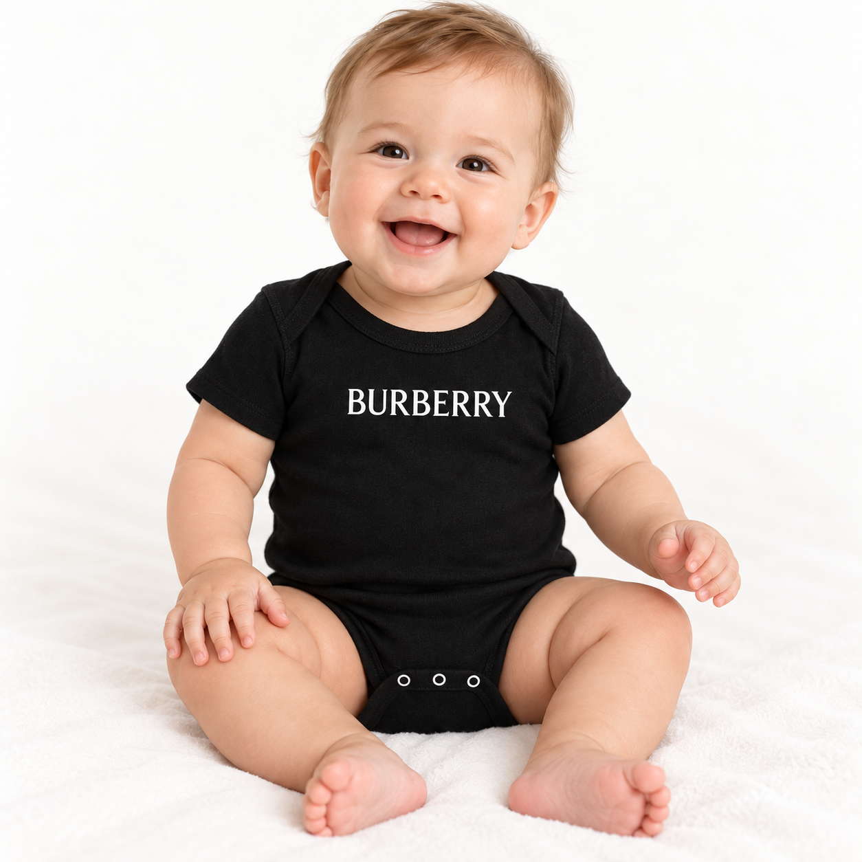 Burberry Baby Romper Onesie in Black — lifestyle view