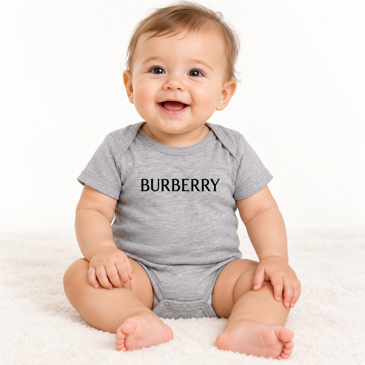 Burberry Baby Romper Onesie in Grey — lifestyle view