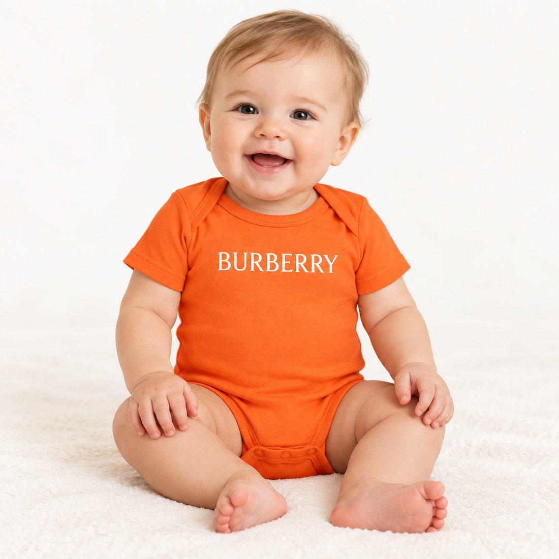 Burberry Baby Romper Onesie in Orange — lifestyle view