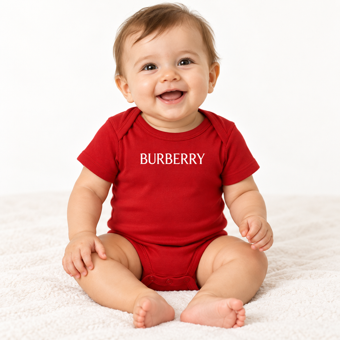 Burberry Baby Romper Onesie in Red — lifestyle view