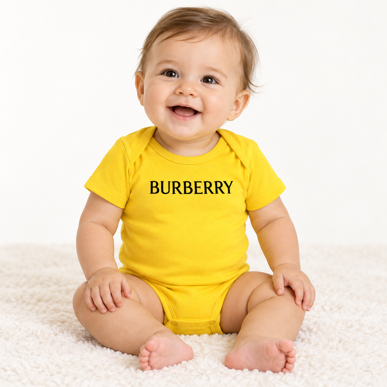 Burberry Baby Romper Onesie in Yellow — lifestyle view