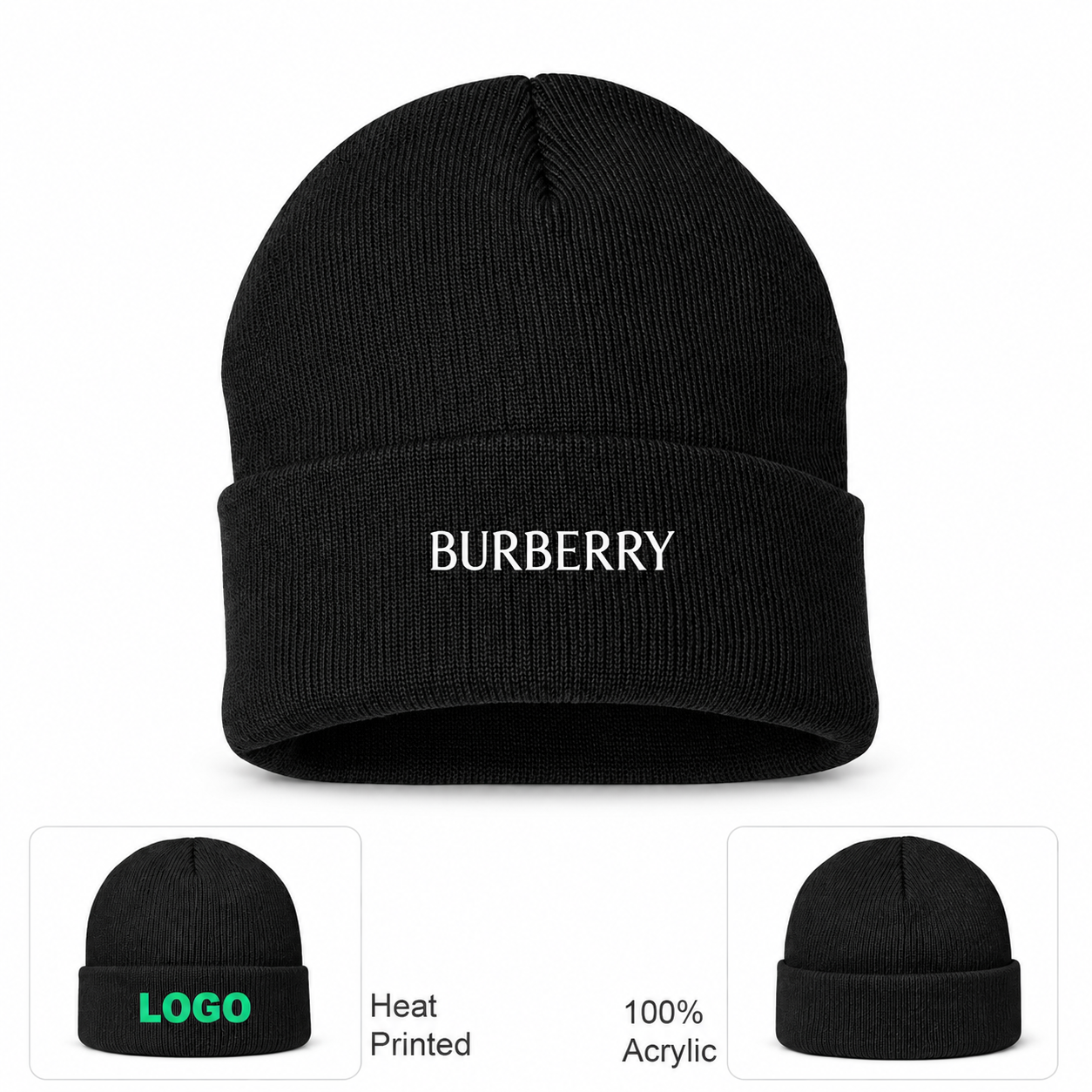 Burberry beanie in Black, main front view with product information