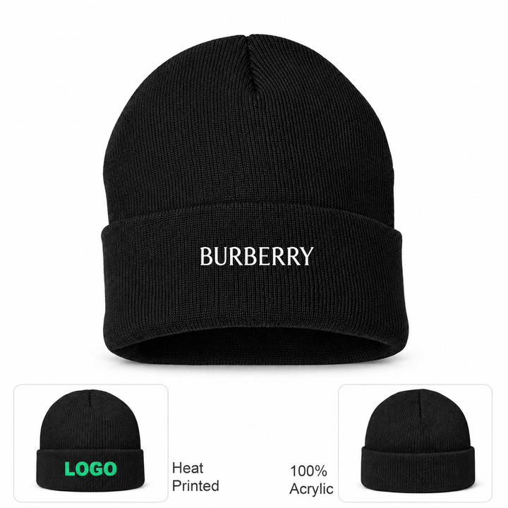 Burberry beanie in Black, main front view with product information