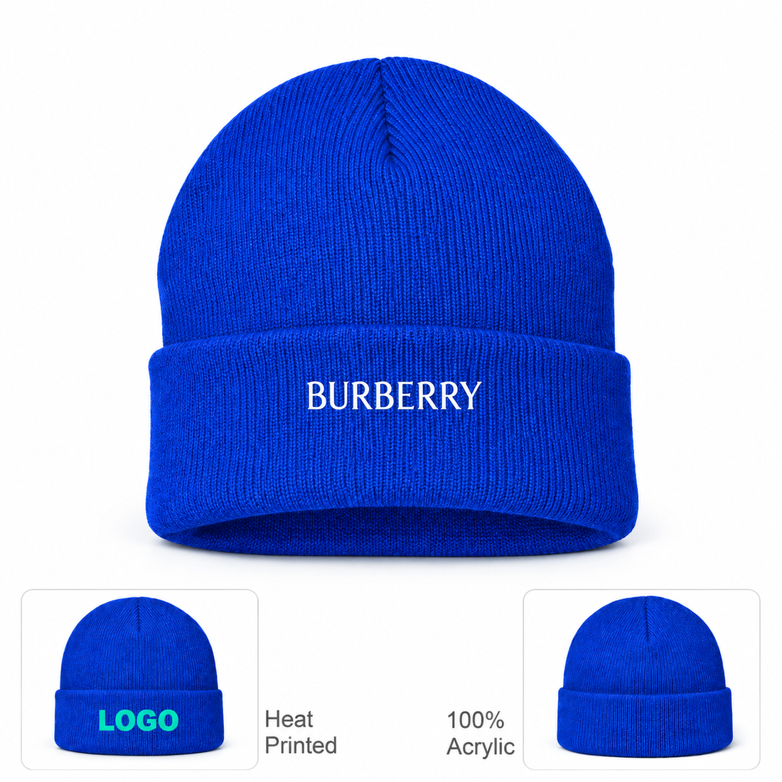 Burberry beanie in Blue, main front view with product information