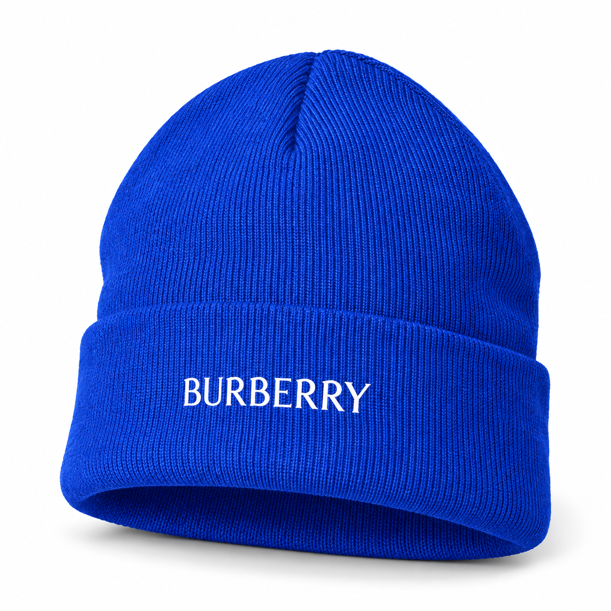 Burberry beanie in Blue, front angled view