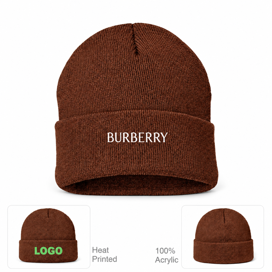 Burberry beanie in Brown, main front view with product information