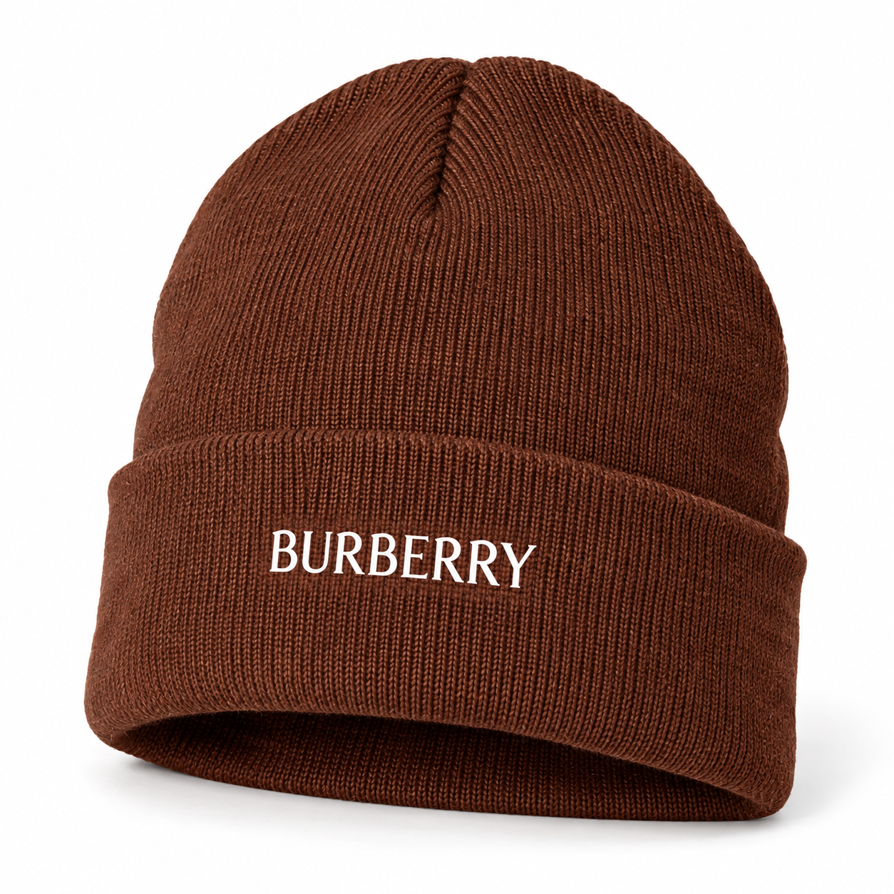 Burberry beanie in Brown, front angled view